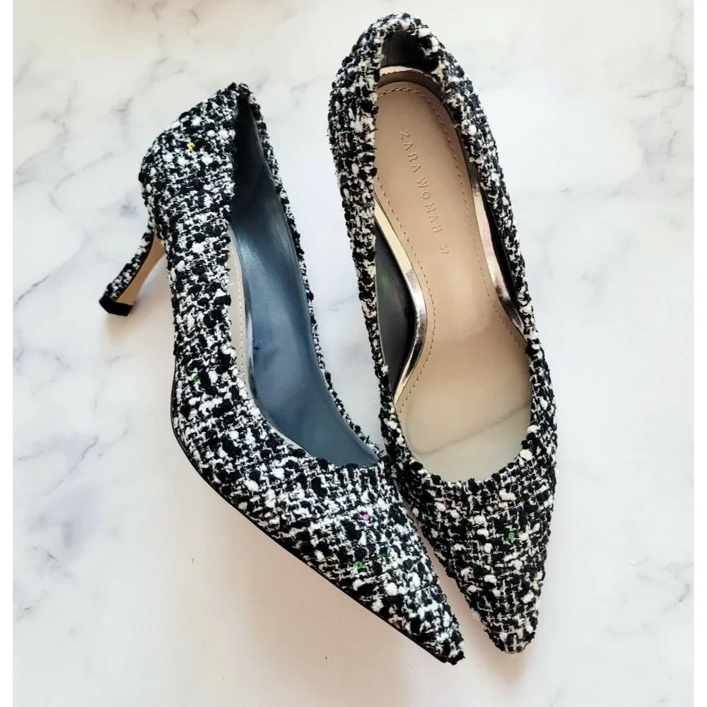 Zara Tweed Sequin Pointed Toe Black White Multicolor Slip On Shoes Heels 37 6.5